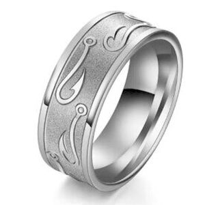 Silver Stainless Steel Ring / Band Fishing Hook Pattern Size 11
